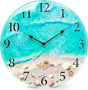 coastal nautical glass wall clock with seashell design and aesthetic beach theme